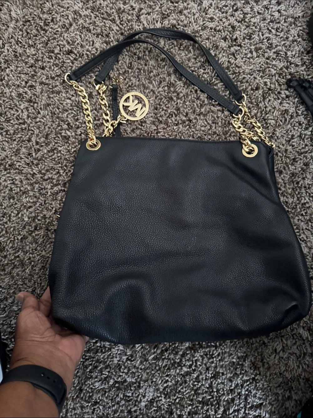 Michael Kors Black Leather Shoulder Bag with Gold Chain Trim